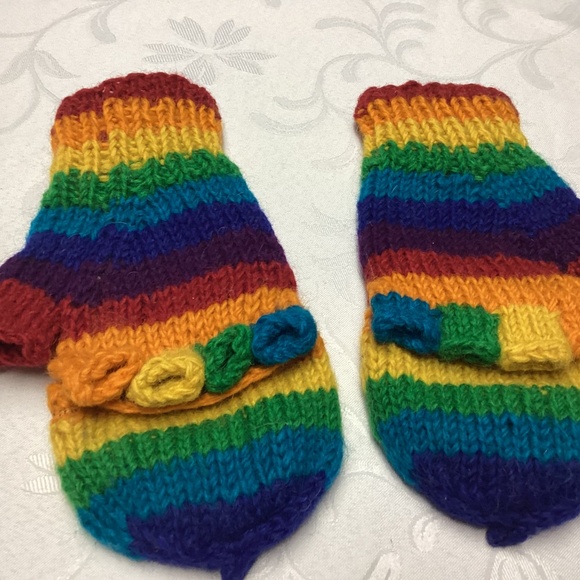 Unisex Rainbow Hand Knit Wool fleece lined Gloves must see Peru made - Picture 6 of 8